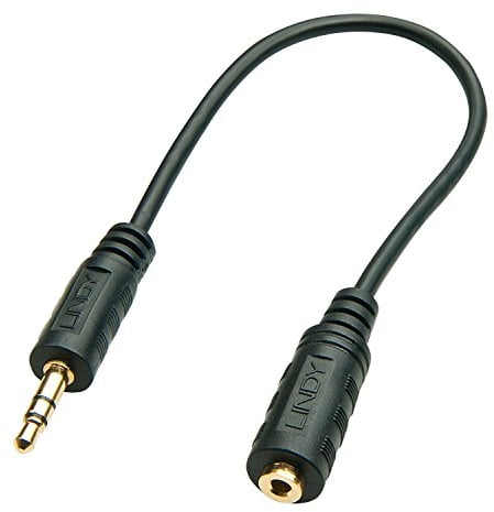 LINDY Conector de cable de audio premium de 3,5 mm macho a conector hembra de 2,5 mm, 20 cm, negro