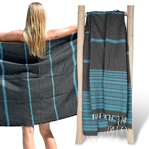 ZusenZomer Fouta Hammam Badetuch XXL, Handgewebt Tunesisch Strandtuch für Frauen, Männer, saugfähig, leicht übergroßes Saunatuch 100% Baumwolle Hammamtuch (Schwarz mit Türkis)