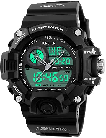 TONSHEN Men's Military Sport Watches Multifunction Waterproof Analog Display Dual Dial Two Timezone Electronic 12H/24H Time Calendar Day Date 164FT 50M Water Resistant Digital Wristwatch (Black)