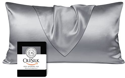 OLESILK Seide Kissenbezug Kissenhülle Haar- und Hautpflege mit Verstcktem Reißverschluss 19 Momme 1 Stück Silbergrau 40x80cm