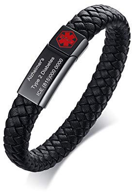 PJ JEWELLERY Benutzerdefinierte Gravur Geflochtenes Echtleder Medical ID Armband Herren Medical Alert Lederarmband mit Edelstahl-Magnetverschluss