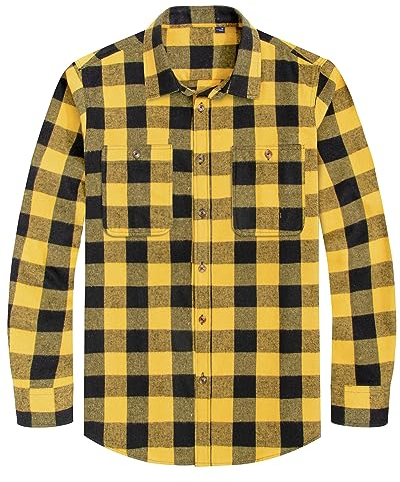 J.VER, Herren-Flanellhemden, kariert, langärmelig, Normale Passform, lässig, Knopfleiste, kariert, Buffalo-Karo, für Herbst und Winter, Gelb, Schwarz, L