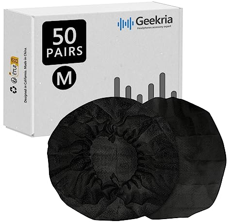 Geekria 50 Paar einzeln verpackte Einweg-Kopfhörerabdeckungen, Dehnbare Sanitär-Ohrpolster, hygienischer Ohrpolsterschutz für mittelgroße Ohrmuscheln (Größe M, schwarz)