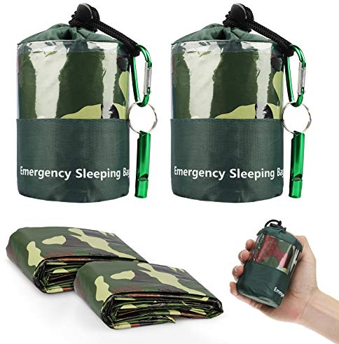 EEEKit Sacs de Couchage de Survie, Lot de 2 Sacs de Survie en Mylar Imperméables, Couvertures de Secours Portables avec Sifflet pour Camping et Randonnée