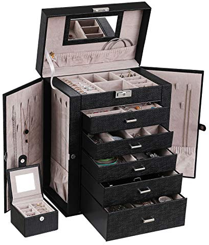 ANWBROAD 6 Tier Huge Jewellery Box Jewellery Organizer Display Storage Case Holder with Lock Mirror Girls Jewellery Box for Earrings Rings Necklaces Bracelets Earrings Gift Black JJB004B
