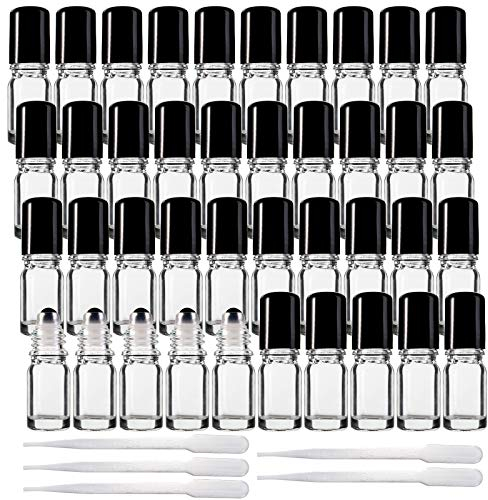 Jucoan 40 Pack 5ml Clear Glass Roll on Bottles, Refillable Essential Oil Bottles with Stainless Steel Roller Balls and 5 Droppers for Sample, Travel, DIY Cosmetic Containers