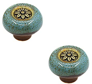 Keramik Türgriff Möbelgriff,Retro Küchenknöpfe Möbelknöpfe Schranktürgriff Weinschranktürgriff Schubladengriffe Runder Türknopf Schranktürknöpfe für Küche Schlafzimmer Badezimmer,Bronze Blau,2 Stück