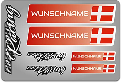 4er Set Aufkleber mit Fahne Flagge und wahlweise Name Sticker für Auto Fahrrad Motorrad Roller Helm im Rallye Racing Design R156 (09 Dänemark, Mit Wunschname)