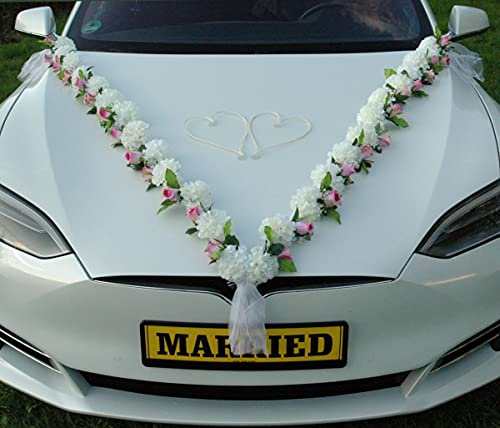 VIP Girlande 30 Azaleen 30 Rosen 18 extrastarken Saugnäpfen 2 x 180 cm Girlande 4 Türgriffdekorationen 2 Rattanherzen Braut Paar Autoschmuck Hochzeit Car Auto Wedding PKW ®Auto-schmuck (Azaleen 7)…