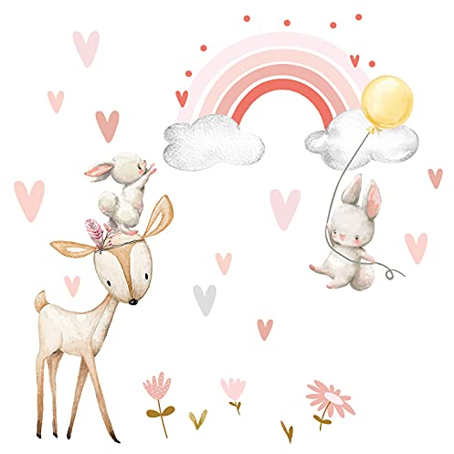 Little Deco Wandtattoo Wandsticker Kinderzimmer REH Hasen I Wandbild 52 x 35 cm (BxH) I Regenbogen Wandaufkleber Blumen Spielzimmer Mädchenzimmer Baby Deko DL715