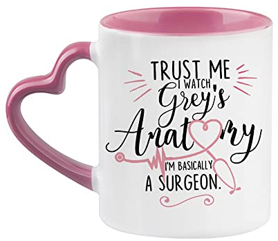 Giftme Trust Me I Watch I'm Basically A Surgeon Birthday Secret Santa Coffee Tea Mug Unique Heart Handle Ceramic Mug. (Pink Heart Handle Mug)