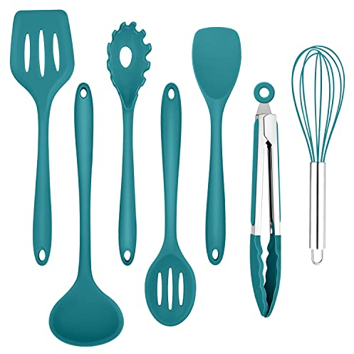 Homikit Silikon Küchenhelfer Set, 7-teiliges Hitzebeständiger Küchenutensilien Kochgeschirr Set, Antihaft Kochbesteck Kochutensilienset zum Kochen, Backen, Gesund/Spülmaschinenfest, Blau