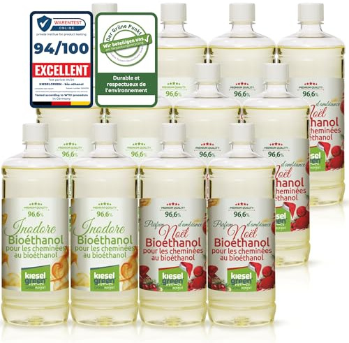 KieselGreen Bioéthanol 12 x 1 Litre Set (6x avec Parfum + 6x Inodore) pour Cheminée à l'éthanol - Bioéthanol comme Parfum - pour Cheminée à l'éthanol Bio intérieur ou feu de Table au Bioéthanol WE