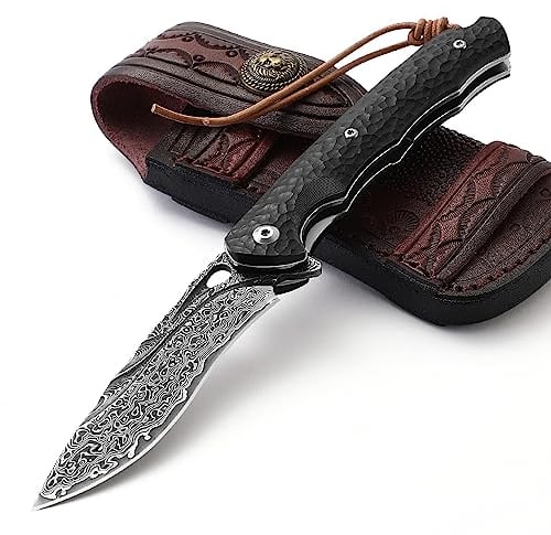 DRACHENADER Taschenmesser Damast Elegant mit Ledertasche, schmales Vg10 Einhand Taschenmesser Hochwertig mit Clip und Ebenholz Griff, Schwarz