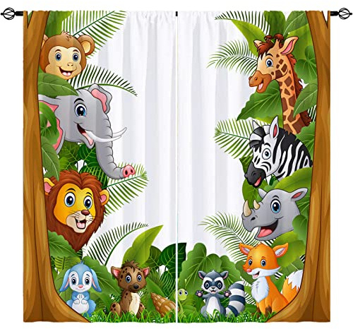 YUANZU Animal Curtains Rod Pocket Kids Boys Girls Forest Giraffe Lion Elephant Monkey Zebra Rhinoceros Jungle Zoo Print Pattern Window Drapes for Nursery Baby Bedroom Playroom W42 x L63 Inch 2 Panels