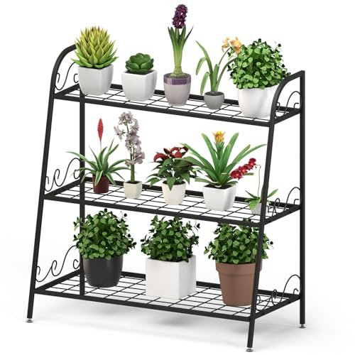 Supporto per Piante da Esterno, Portafiori, Piedistallo per Fiori a 3 Livelli in Ferro, Scaffale Multifunzionale da Balcone, Interno, Giardino, Portante 45 kg, 81 x 35 x 82 cm, Nero