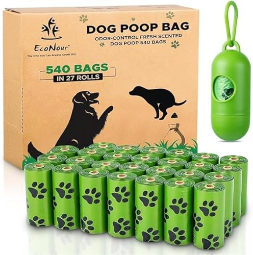 EcoNour Hundekotbeutel, 540 Stück, Lavendelduft, biologisch abbaubar, mit Kotbeutelspender, 100 % auslaufsicher, praktische Dosierung, langlebig und großzügig dimensioniert, Öko-Kotbeutel für