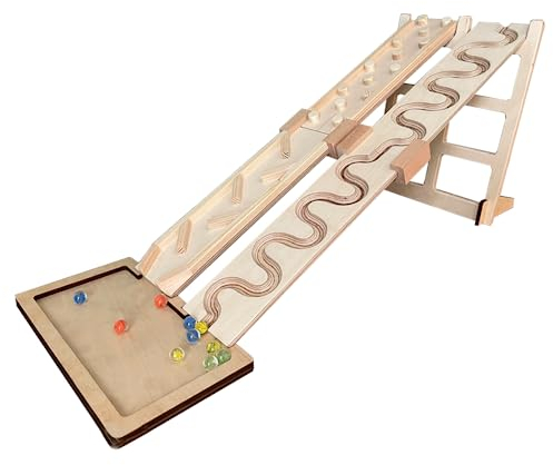 2er Kombi Murmelbahn-Set, 2 Schlängelplatten, 2 Hinternissplatten inkl. Wettrennen Turm,Auffangschale Kugelbahn Holzspielzeug