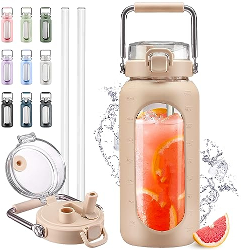 HYDRAGLAZIC 2 Liter Glass Water Bottle with Straw and Time Marker 2L Motivational Water Tumbler with Silicone Sleeve and Spout Lid Wide Mouth Borosilicate Water Jug BPA Free Leak-proof, Amber