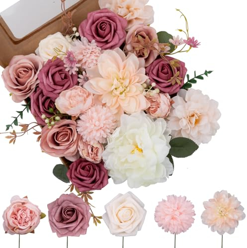 SPORTYOUTH Künstliche Blumen in Altrosa mit künstlichen Rosen, Dahlie, Seidenblumen, Großpackung mit Stielen, Set für selbstgemachte Hochzeitsdekoration, Brautstrauß, Tischdekoration, Arrangement,