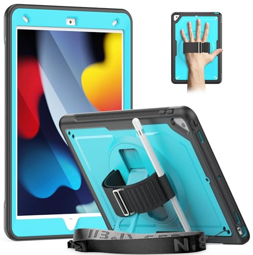 Timecity Schutzhülle für iPad 9. / 8. / 7. Generation, iPad 25,9 cm (10,2 Zoll), stoßfest, stabile Schutzhülle mit Displayschutzfolie, Ständer/360° drehbare Handschlaufe, Stifthalter, robuste