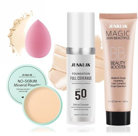 Color Changing Foundation Set with Makeup Sponge,Flawless Non-greasy Full Coverage Liquid Foundation & Loose Setting Face Powder Makeup Base,Moisturizing Concealer BB Cream for All Skin Tone（4PCS）