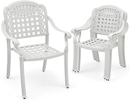 KOMFOTTEU 2er Set Gartenstühle stapelbar, Terrassenstühle aus Aluminiumguss, Stapelstühle mit verstellbaren Füßen, Balkonstühle Essstühle für Garten, Hof, Patio (Weiß)