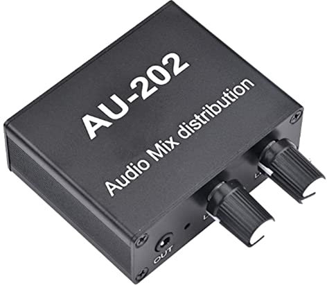Qarmijaer AU-202 Mixer Stereo Un 2 Ingressi e 2 Uscite Distributore Audio per Cuffie Alimentazione Esterna AMP Controllo del Solo Volume