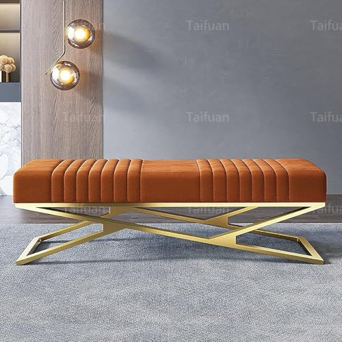 Luxuriöse Gepolsterte Sitzbank Mit Samt,Moderne Getuftete Schuhbank,Bequeme Schuhbank Im Eingangsbereich,X-förmige Metallbasis,Modernes Schlafzimmer-(Size:80x38x42cm(31x15x17inch),Color:orange Farbe)