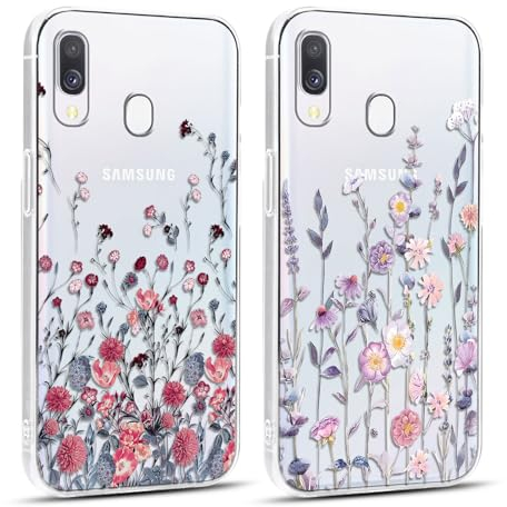 Xylota 2 Stück Handyhülle für Samsung Galaxy A40 5,9 Hülle,Transparent Case mit Aesthetic Muster Blumen, Durchsichtig Weich Silikon Dünn TPU Stoßfeste Schutzhülle Frauen Mädchen Cover für Samsung A40
