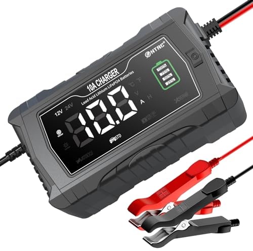 HTRC 10A Car Battery Charger - 12V/24V LiFePO4, Trickle & Leisure Battery Charger with 4 Modes for Boat, SUV, Motorcycle, Lithium & Lead-Acid Batteries