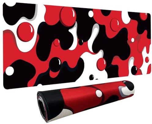 Red Black White Bubble XL Mouse Pad,Thicken Waterproof Large Cool Gaming Mousepad with Stitched Edge,Anime Cool Geometric Spotted Dog Mousepad Non-Slip Base Mouse Keyboard Mat 800x300x3mm