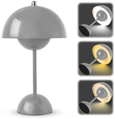 LED Tischlampe Kabellos, Akku Nachttischlampe Pilz, Pilzlampen Tischlampe Touch Dimmbar mit 3 Helligkeitsmodi, 3000k-6000k Retro Led Tischleuchte Aufladbar für Schlafzimmer, Büro, Restaurants (Grau)