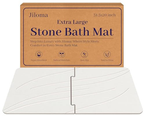 Jiloma 32 * 20 Stone Bath Mat Extra Large Diatomaceous Earth Shower Mat Non-Slip Super Absorbent Diatomite Stone Bath Mat for Bathroom Floor Quick Drying Bath Rug Easy to Clean White Rectangular