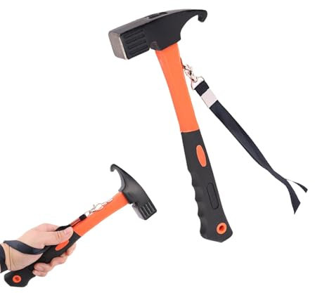 Camping Hammer Heavy Duty with Tent Stake Remove, Mallet Tent Peg Puller, High Carbon Steel Tent Hammer with Holding Strap, Rubber Covered Handle Tent Mallet for Outdoor Camping Picnic (Orange)