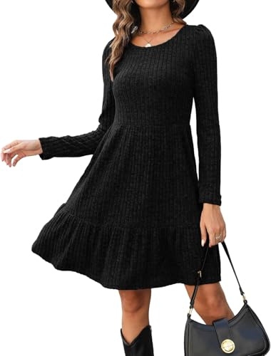 Zetieny Strickkleid Damen Langarm Elegant Rundhals A-Linie Knielang | Einfarbiges Pulloverkleid, Rüschensaum, Weich und Hautfreundlich, Dehnbar, Design mit vertikalen Streifen, Freizeit, Urlaub