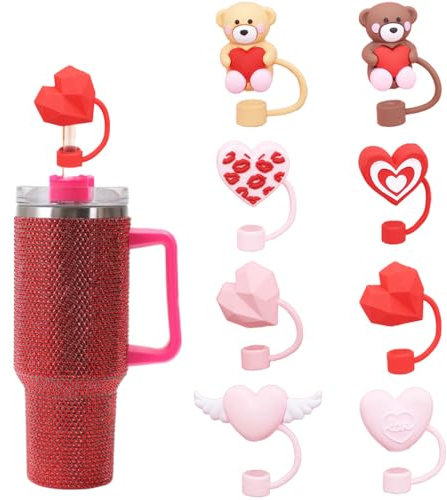 8 Pcs Valentine’s Day Straw Cover Cap Cute Bear Heart Drinking Straw Topper 10 mm Pink Heart Love Straw Covers Reusable Silicone Straw Topper Cup Accessories Decoration for Birthday Wedding Party