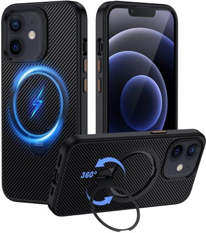 XTCASE Carbon Hülle für iPhone 12/12 Pro Magnetisch Kompatibel mit MagSafe Dünn Hard Schutzhülle mit Halter Ständer, Echte Kohlefaser Kratzfeste + TPU Silikon Bumper Stoßfest Case, Schwarz
