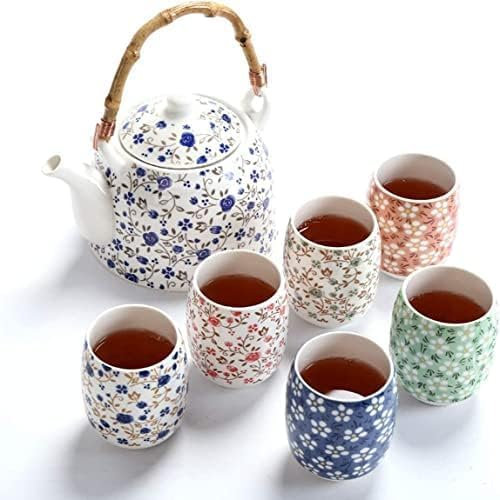 KWMAEEUID Teeservice aus Porzellan mit Blumenmuster, handgefertigtes chinesisches Teeservice, 1 Teekanne, 6 Teetassen, chinesisches Teeservice aus Keramik (bunt ohne Teetablett)