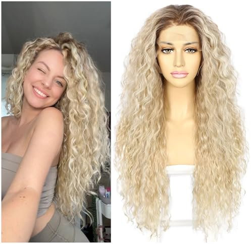 Sapphirewigs Lockige Lace Front Perücke Blond Synthetische Perücken für Frauen Mix Blond 13x3 Tägliche Tragen Party Weihnachten Halloween Hitzebeständige 26 inch