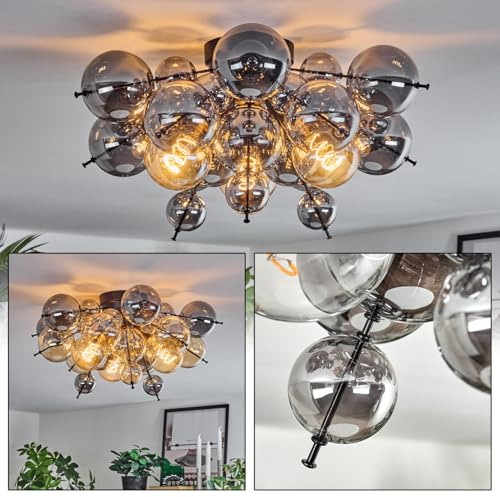 HOFSTEIN Deckenleuchte Milheiros, Deckenlampe aus Metall/Glas in Schwarz/Rauchfarben, moderne Leuchte im Retro/Vintage-Design (Ø 55 cm), E27, Esszimmer, Wohnzimmer, Schlafzimmer, Küche