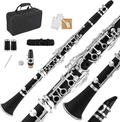 TINMAGI B-Klarinette, Clarinet 17 Klappen, Ebonit Korpus Mechanik Versilbert Tasten aus Vernickeltem Messing, ABS Kunststoff, mit Koffer und Zubehör