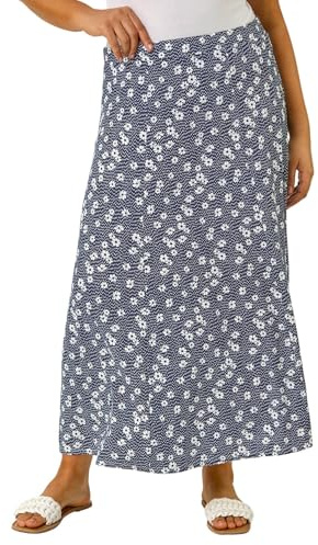Roman Jersey Skirt for Women UK - Ladies Midi Maxi Floral Animal Print Summer Spring Holiday Swing Smart Casual Work Cocktail Party Going Out Holiday Cruise - Daisy Navy Plus - Size 18