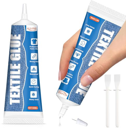 Allony Colla per Tessuti Resistente Ai Lavaggi, Collaa Tessuto, Collas per Vestiti, Adatto per Jeans, Camicie, Divani in Tessuto, Orlatura, Riparazione, Incollaggio, Lavabile Trasparente, 50ml*2