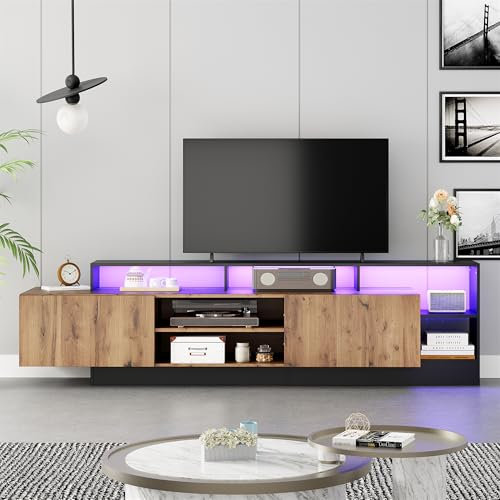 LANTRO JS TV Unit with Storage 190cm, Media Units for Living Room for Up to 70 inch TV with 16 Colour LED Lights, TV Stand Cabinet with 2 Cabinets and Open Shelves