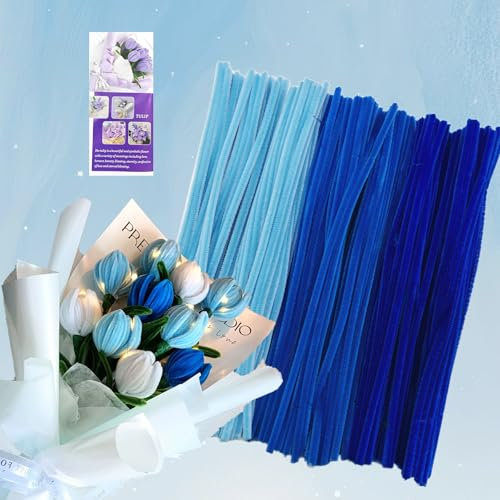 ROEOWENE 300pcs Pfeifenputzer zum Basteln Blumen Blau Bunt Pfeifenreiniger Blumen Set Bastelzubehör Chenilledraht 30CM Pipe Cleaners Craft Pfeifenputzerdraht Biegeplüsch Basteldraht für DIY Bastelset