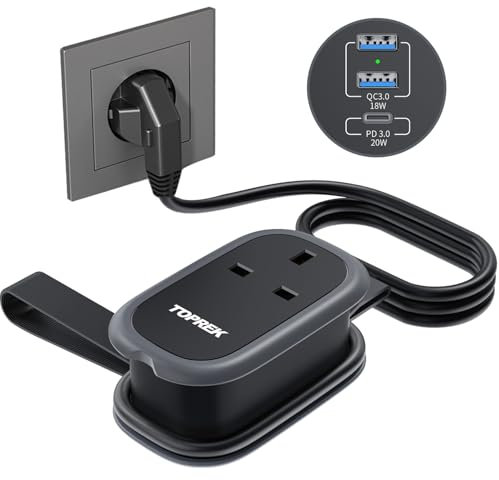 TOPREK UK to European Plug Adapter with 1.06 m Lead, PD 38W Fast Charged Rice Adapter UK to Europe with 2 USB-A and 1 USB-C for Germany, France, Spain, Turkey, Greece, Iceland, etc