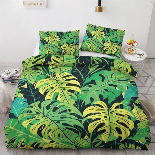 BJCJGGL Funda Nordica Cama 180 Monstera Verde Colchas Cama 180 para Niños Adultos con Cremallera Suave Transpirable Microfibra Fundas Nordicas 260x240 cm + 2 Fundas de Almohada 50x80 cm