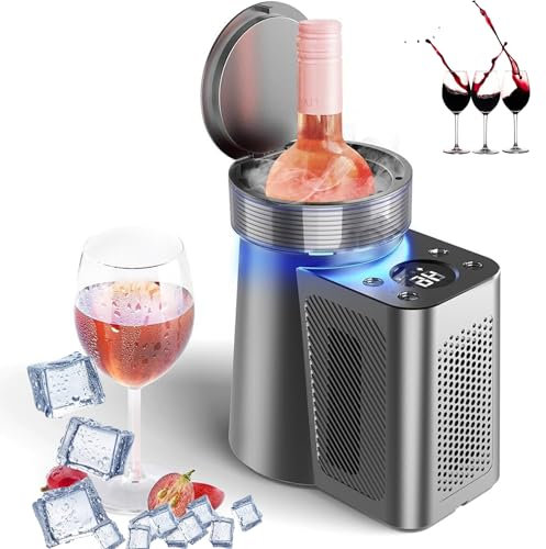 Electric Wine Chiller, 750mL Single Bottle Cooler, With LED Lights and LCD Temperature Control, 24h Cold, Single Bottle Wine Cooler in Stainless Steel, for Parties and Gifts, for Home, Car, Parties