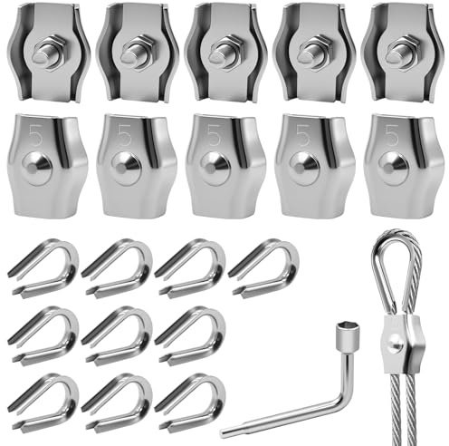 Celepoir 21 Stk Drahtseilklemme 5mm, 304 Edelstahl M5 Seilklemmen Set | mit 10 Seilklemmen 5mm, 10 Drahtseil Kausche 5mm & Schraubenschlüssel, Rostfrei, Haltbar, für 5mm Stahlseil, Wäscheleine
